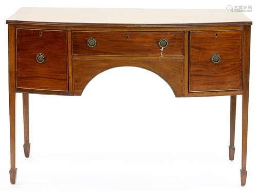 A VICTORIAN MAHOGANY BOW FRONTED SIDEBOARD ON SQUARE TAPERING LEGS, 91CM H; 25 X 53CM Scuffs and