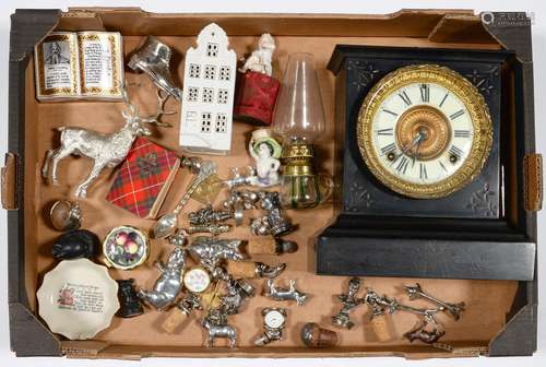 A SMALL COLLECTION OF MINIATURE SILVER PLATED ANIMALS ETC, AN EBONISED CLOCK, OIL LAMP, SPODE OPEN