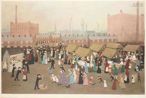 HELEN BRADLEY, MBE (1900-1979) - HOLLINWOOD MARKET, REPRODUCTION PRINTED IN COLOUR, SIGNED BY THE