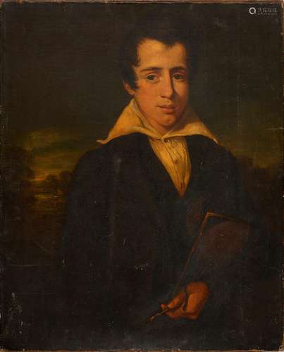 BRITISH SCHOOL, EARLY 19TH C – PORTRAIT OF A YOUNG ARTIST, HALF-LENGTH, IN A LANDSCAPE, INSCRIBED ON