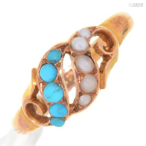 A VICTORIAN TURQUOISE AND SPLIT PEARL RING, IN 15CT GOLD, BIRMINGHAM 1895, 2.1G, SIZE N Complete and