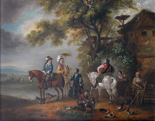 FOLLOWER OF WILLEM AUGUSTIN MINDERHOUT - A HUNTING PARTY, 39 X 50CM Restored and lined in the