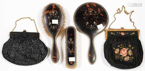 A SILVER INLAID TORTOISESHELL MOUNTED SILVER DRESSING TABLE SET BY MAPPIN & WEBB LTD, BIRMINGHAM