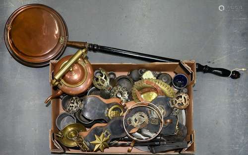 A QUANTITY OF VICTORIAN AND LATER PEWTER MEASURES, MARTINGALES AND OTHER BRASS WARE, A 19TH C COPPER