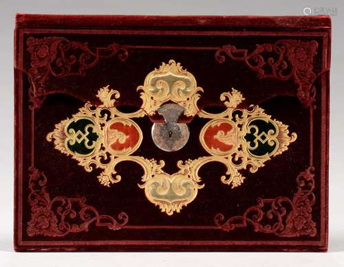 A TOOLED LEATHER AND MAROON VELVET COMBINED STATIONERY AND BLOTTING BOOK, C1870, WITH BURNISHED