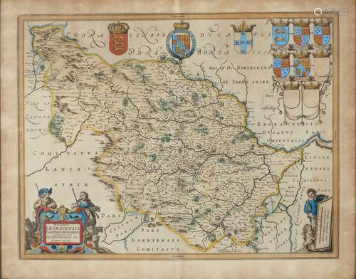 JOAN BLAEU - WEST RIDING OF YORKSHIRE, DOUBLE PAGE ENGRAVED MAP, 17TH CENTURY, HAND COLOURED, 43.5 X