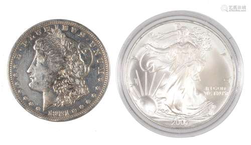 SILVER COINS. USA, DOLLAR 1921 AND FINE SILVER DOLLAR 2007