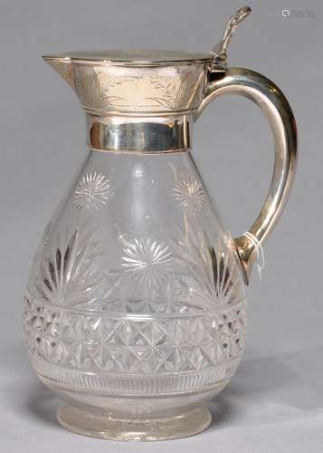 AESTHETIC MOVEMENT. A VICTORIAN EPNS MOUNTED CUT GLASS CLARET JUG, C1885, WITH PIERCED THUMBPIECE,