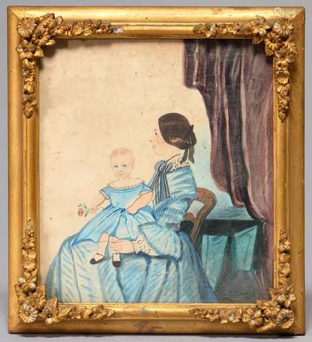 BRITISH NAIVE ARTIST, MID 19TH C, DOUBLE PORTRAIT OF A YOUNG WOMAN WITH A CHILD ON HER LAP BEFORE