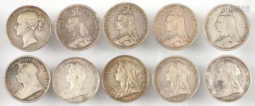 UNITED KINGDOM SILVER COINS. CROWN 1845, 1889 (3), 1891, 1897 (3) AND 1900 (2) (10)