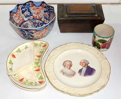 A ROSEWOOD TEA CADDY, WEMYSS POT, GEORGE WASHINGTON PLATE, IMARI BOWL, ETC