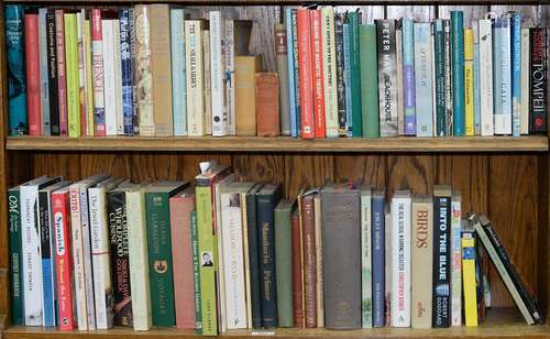 NINE SHELVES OF MISCELLANEOUS BOOKS, INCLUDING ART AND ANTIQUE REFERENCE, FICTION, COOKERY AND