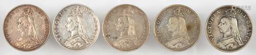 UNITED KINGDOM SILVER COINS. DOUBLE FLORIN 1887 (2), 1888, 1889 AND 1890 (5)