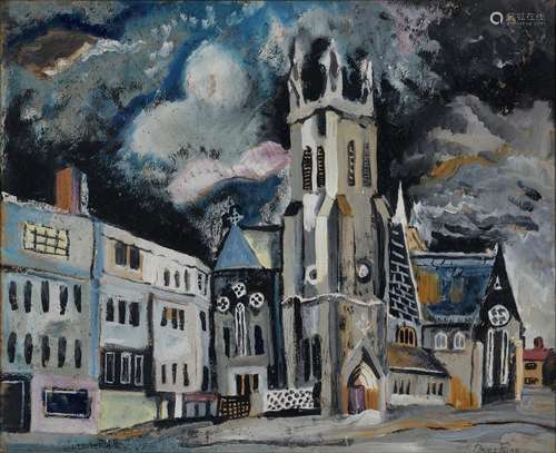 CLAUDE PAICE (FL. MID 20TH C) - CHURCH UNDER A STORMY SKY, SIGNED, MIXED MEDIA ON BOARD, 43 X 44CM