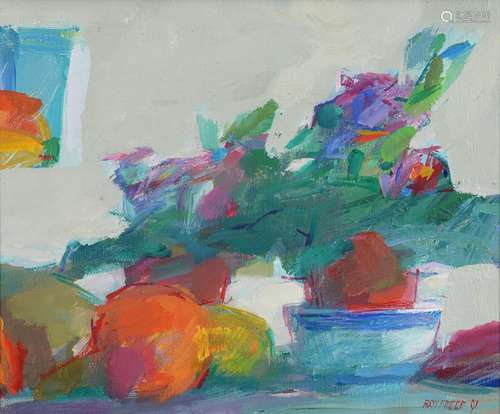 ROY FREER NEAC, RI, ROI (1938-) - ORANGE AND HOUSE PLANT, SIGNED, OIL ON CANVAS, 24 X 29CM