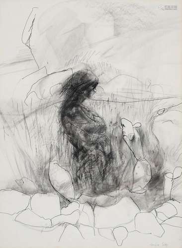 EVELYN GIBBS (1905-1991) - FIGURE IN A LANDSCAPE, SIGNED, MIXED MEDIA ON PAPER, 55.5 X 40.5CM Good