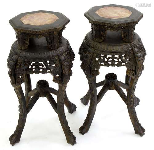 A PAIR OF CHINESE CARVED HARDWOOD JARDINERE STANDS, C1900, WITH STONE INSET TOP, 70CM H; 35 X