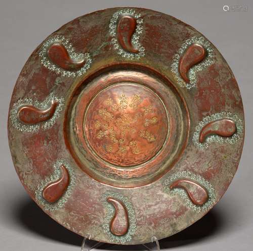 A MIDDLE EASTERN TINNED COPPER DISH, 19TH/EARLY 20TH C, THE WIDE BORDER EMBOSSED WITH BOTEH AND