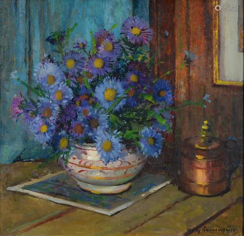 MARY REMINGTON, NEÉ BEARD (1910-2003) - MICHAELMAS DAISIES, SIGNED, OIL ON BOARD, 38 X 39CM Good