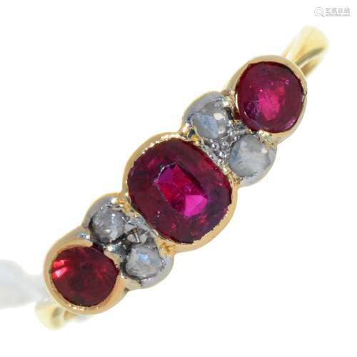 A RUBY AND DIAMOND RING, IN GOLD, 2.4G, SIZE R Wear to settings and hoop. Slight wear to facets of