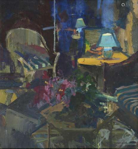 JASON BOWYER NEAC, PS, RP (1957-2019) - CONSERVATORY AT NIGHT, OIL ON HARDBOARD, 37 X 34.5CM