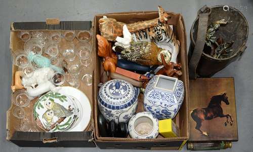 MISCELLANEOUS DECORATIVE CERAMICS AND GLASSWARE, A 19TH C LEATHER FIRE BUCKET, BRASS TELESCOPE,