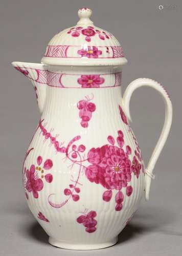 A LIMBACH REEDED BALUSTER HOT MILK JUG AND COVER, LATE 18TH C, PAINTED IN PUCE MONOCHROME AND GILT