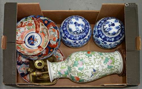 TWO JAPANESE IMARI BOWLS AND TWO DISHES, EARLY 20TH C, A 19TH C BRASS CHAMBERSTICK, ETC As a lot, in