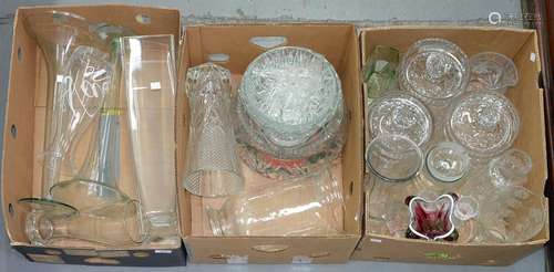 MISCELLANEOUS CUT, COLOURED AND OTHER GLASSWARE, INCLUDING TRUMPET SHAPED VASES Good condition