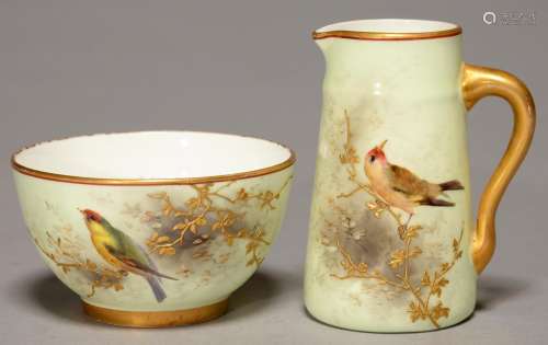 A GRAINGER WORCESTER CREAM JUG AND SUGAR BOWL, 1893, PAINTED WITH A BIRD ON A RAISED GILT BRANCH AND