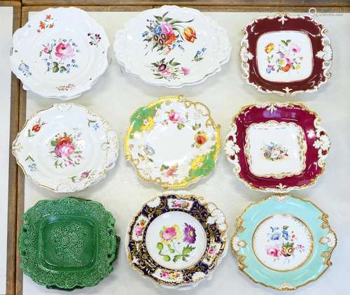 A NEW HALL 'DROPPED SHELL' MOULDED COBALT GROUND DESSERT DISH, C1820, PAINTED WITH FLOWERS, BORDER