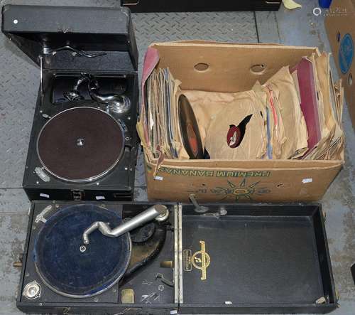 A COLUMBIA VIVA TONAL GRAFONOLA CASED GRAMOPHONE AND A SIMILAR HMV GRAMOPHONE AND A QUANTITY OF