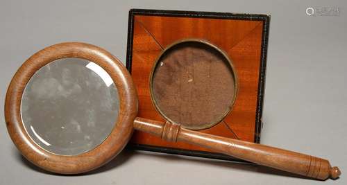 A FRENCH MAHOGANY AND EBONISED STRUT FRAME, EARLY 20TH C, 15CM X 15CM AND A 19TH C TURNED WOOD