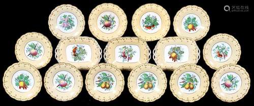 A CHARLES MEIGH FAWN GROUND EARTHENWARE DESSERT SERVICE, C1840, PRINTED AND PAINTED WITH FRUIT IN