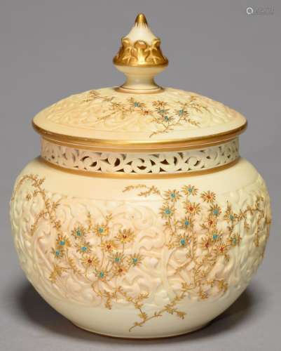 A GRAINGER WORCESTER MOULDED OVOID POT POURRI VASE, COVER AND INNER COVER, 1894, WITH RETICULATED