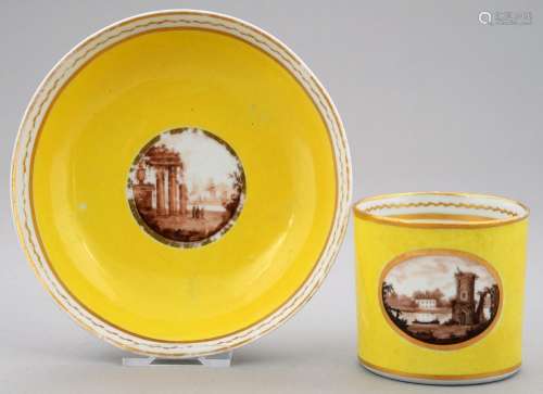 AN OUTSIDE DECORATED YELLOW GROUND COFFEE CAN AND A SAUCER ATTRIBUTED TO WILLIAM BILLINGSLEY'S