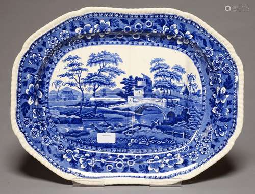 A COPELAND GADROONED BLUE PRINTED EARTHENWARE TOWER PATTERN MEAT DISH, EARLY 20TH C, WITH MOULDED