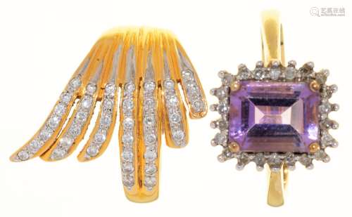 AN OBLONG STEP CUT AMETHYST AND DIAMOND CLUSTER RING, IN 9CT GOLD AND A DIAMOND DRESS RING IN