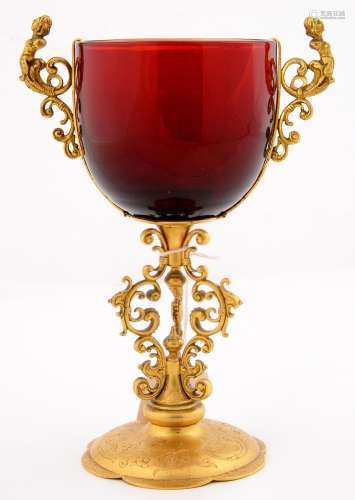 A GERMAN MANNERIST STYLE GILTMETAL MOUNTED RUBY FLASHED GLASS CUP, LATE 19TH C, IN 16TH C STYLE,