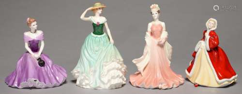 TWO ROYAL DOULTON AND TWO COALPORT BONE CHINA FIGURES OF YOUNG LADIES, 22CM H AND SMALLER, PRINTED
