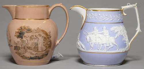 A DAVENPORT LAVENDER GROUND PORCELAIN JUG, C1815-25, SPRIGGED WITH THE FOX HUNT, RIMS AND HANDLE