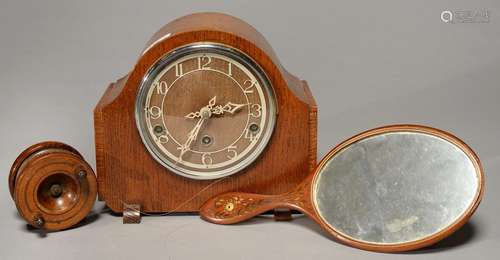 AN EDWARDIAN PAINTED SATINWOOD HAND MIRROR, C1910, 31CM L, A VICTORIAN VARNISHED WOOD FISHING REEL