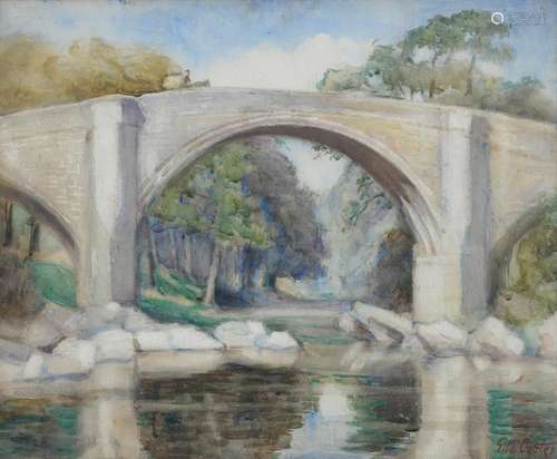 ELLA COATES (1884-1937) - THE DEVIL'S BRIDGE KIRKBY LONSDALE, SIGNED (IN RED), WATERCOLOUR, 36.5