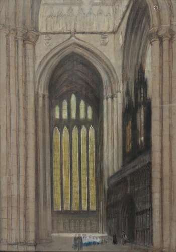 ELLA COATES (1884-1937) - THE EAST WINDOW OF A CATHEDRAL WITH PROCESSION, SIGNED (ELLA BANKS),