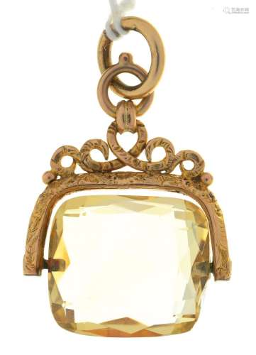 A 9CT GOLD AND FACETED CITRINE SWIVEL FOB SEAL, 34MM EXCLUDING GOLD SUSPENSION RING, BIRMINGHAM,