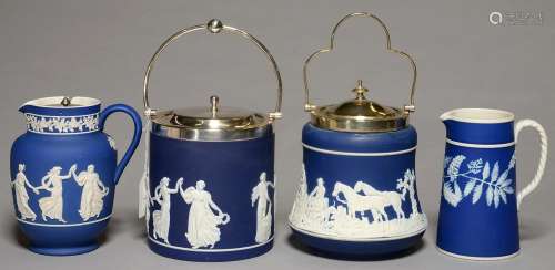 AN EPNS MOUNTED ADAMS DARK BLUE JASPER DIP TYPE BISCUIT BARREL AND COVER, A SIMILAR CONTEMPORARY