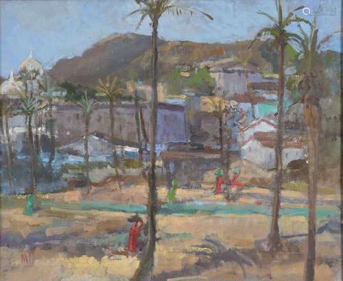 MARY JACKSON RWS, NEAC (1936-) - TEMPLE AT MOUNT ABU, SIGNED WITH INITIALS, OIL ON BOARD, 24 X