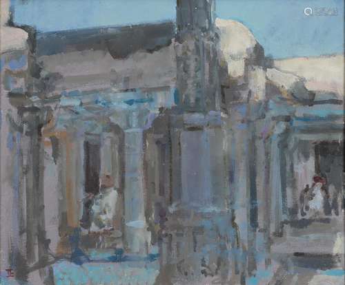 THOMAS JOHN COATES (1941-) - TEMPLE WORKERS, SIGNED WITH INITIALS, OIL ON BOARD, 24 X 29CM