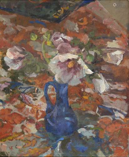 MARY JACKSON RWS, NEAC (1936-) - SNIPPETS OF HOLLYHOCKS, SIGNED WITH INITIALS, OIL ON BOARD, 24.5