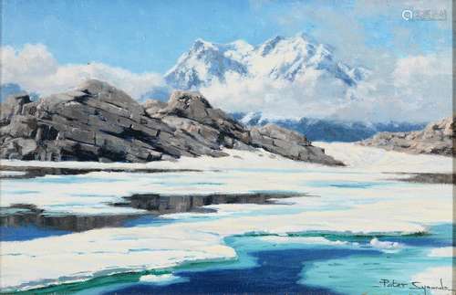 PETER SYMONDS (1964-) - LAGO SMERALDO AND MONTE ROSA ITALY, SIGNED, OIL ON CANVAS, 19 X 29CM